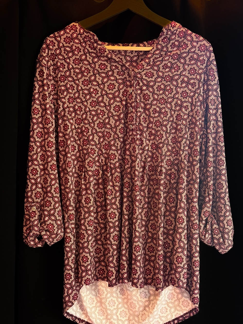 Flowy Boho Tunic Top – Burgundy/Chocolate Brown Medallion Print